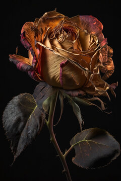Photorealistic ai artwork of a wilting yellow or red rose. Studio-style portrait lighting. Generative ai.