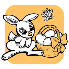 Easter bunny with basket, eggs, flowers and butterfly. Decorative design composition for poster print, greeting card, kids party invitation. Hand drawn illustration. Vintage cartoon style drawing.