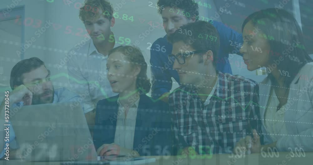 Poster animation of stock market data processing over team of diverse colleagues discussing at office