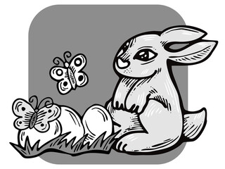 Easter bunny with basket, eggs, flowers and butterfly. Decorative design composition for poster print, greeting card, kids party invitation. Hand drawn illustration. Vintage cartoon style drawing.