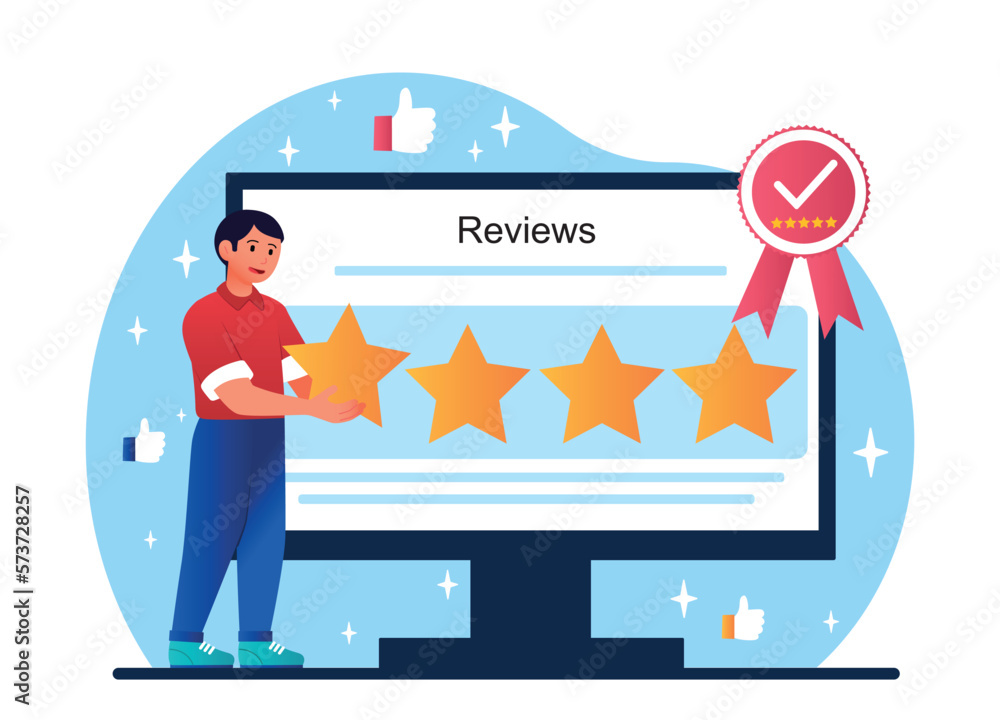 Poster concept of feedback. man standing with stars on monitor screen. user opinion and feedback. rating an