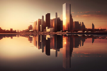 Photorealistic ai artwork of a fictional city next to a reflective lake at sunset. Generative ai.