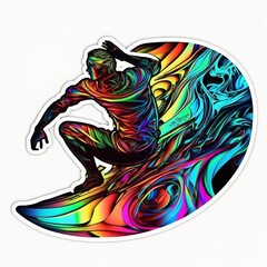 Surfer sticker with psychedelic colors , white background 