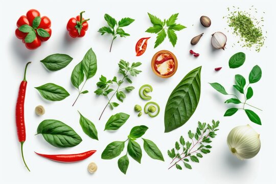 vegetables and herbs in a top view against a white background. Generative AI