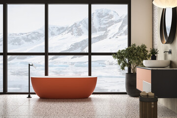 Modern minimalist bathroom interior, modern pink bathroom cabinet, white sink, wooden vanity, interior plants, bathroom accessories, orange-white bathtub, concrete wall, terrazzo flooring.3d rendering