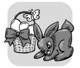 Easter bunny with basket, eggs, flowers and butterfly. Decorative design composition for poster print, greeting card, kids party invitation. Hand drawn illustration. Vintage cartoon style drawing.