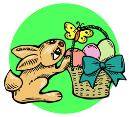 Easter bunny with basket, eggs, flowers and butterfly. Decorative design composition for poster print, greeting card, kids party invitation. Hand drawn illustration. Vintage cartoon style drawing.