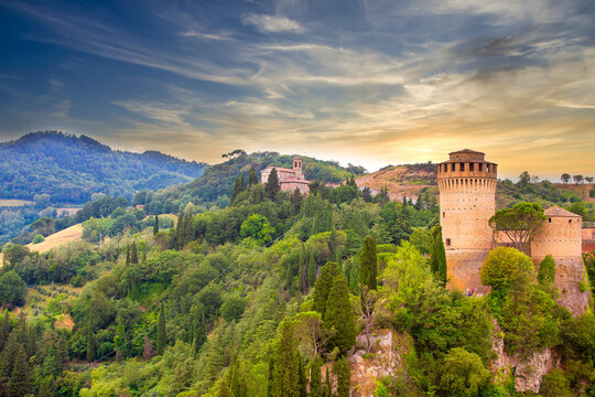 Brisighella, Ravenna, Emilia-Romagna, Italy, Ravenna, Emilia-Romagna, Italy. Beautiful panoramic aerial view of the medieval city and Manfredian fortress with clock tower. Famous symbols
