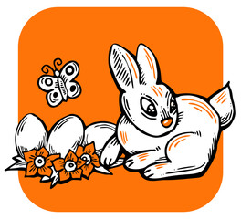 Easter bunny with basket, eggs, flowers and butterfly. Decorative design composition for poster print, greeting card, kids party invitation. Hand drawn illustration. Vintage cartoon style drawing.