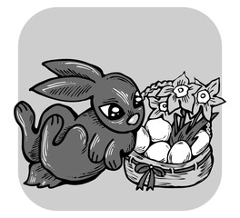 Easter bunny with basket, eggs, flowers and butterfly. Decorative design composition for poster print, greeting card, kids party invitation. Hand drawn illustration. Vintage cartoon style drawing.