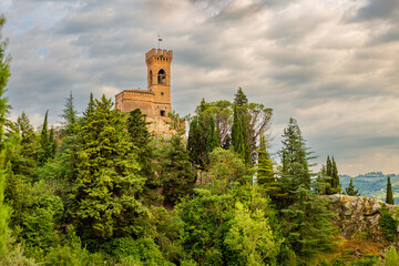 Brisigella, July 18, 2021 . Brisighella ,Ravenna, Emilia-Romagna, Italy. Aerial Drone footage view...