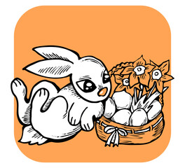 Easter bunny with basket, eggs, flowers and butterfly. Decorative design composition for poster print, greeting card, kids party invitation. Hand drawn illustration. Vintage cartoon style drawing.