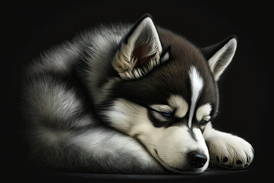 Saddened, a husky dog sleeps. Generative AI