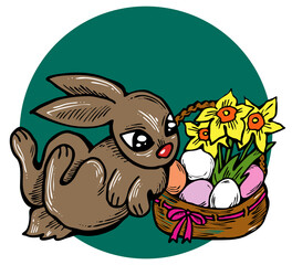 Easter bunny with basket, eggs, flowers and butterfly. Decorative design composition for poster print, greeting card, kids party invitation. Hand drawn illustration. Vintage cartoon style drawing.