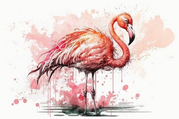 Flamingo. Cartoon pink tropical bird on a white backdrop, painted in watercolor. A t shirt design of paradise. Generative AI