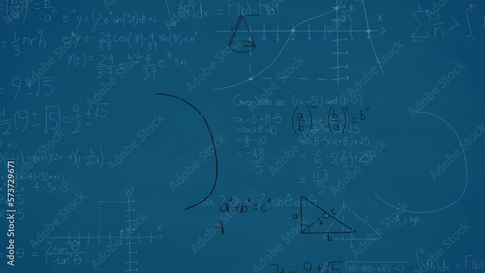 Poster animation of mathematical equations and diagrams floating against blue background
