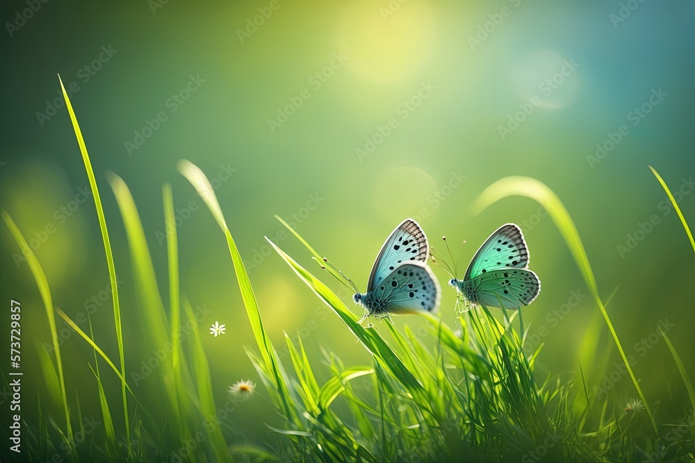 Poster bokeh filled natural green background of fresh new grass bathed in sunlight. macro of lush grass and