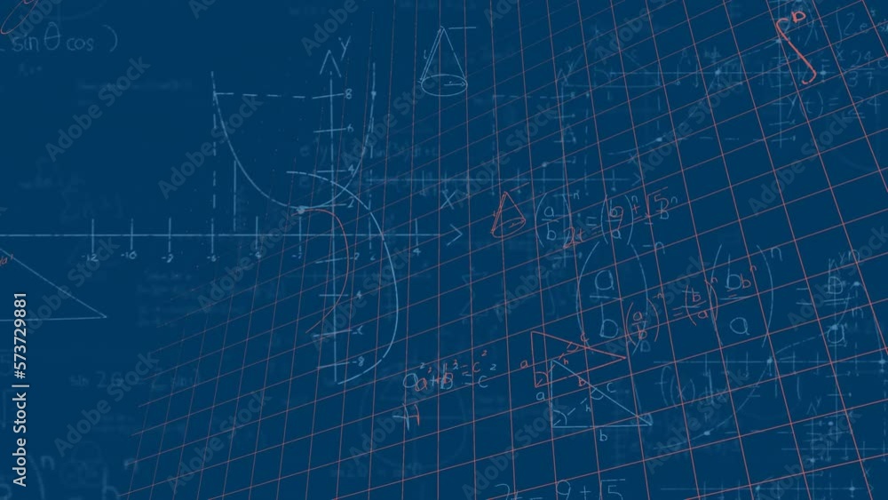 Poster animation of mathematical equations and diagrams floating over grid network against blue background