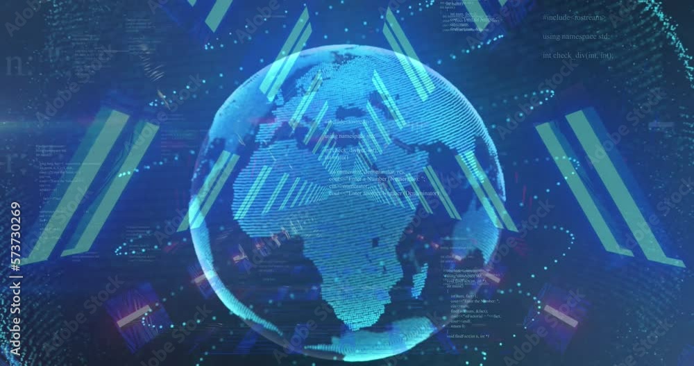 Aufkleber animation of 5g text over neon tunnel in seamless pattern against spinning globe and data processing