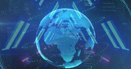 Animation of 5g text over neon tunnel in seamless pattern against spinning globe and data processing - Powered by Adobe