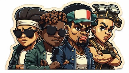sticker art of a 90s gangsta rap group, in the art style of side-scrolling fighting games , on a white background