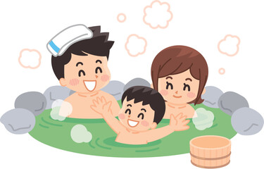 露天風呂に入浴する家族　温泉　家族風呂