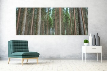 In a lush evergreen forest, a close up of a row of towering, ancient pine trees forms a wall. Tense and gloomy panorama. Estonia. Generative AI
