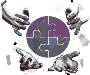 Abstract hands holding a flat globe split into 4 puzzle pieces and placed together in center