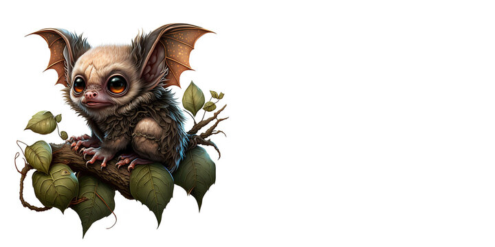 Cute little bat monster creature sitting on a tree branch with leaves Generative AI