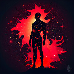 Astral body silhouette with abstract space background. Red and black colors, water element.