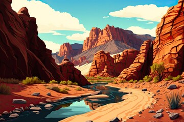 Scenery of imaginary mountains. Nature hike in the red canyon of the stone park. Recent background featuring a rock gorge with stunning cliffs and extreme journey. Generative AI