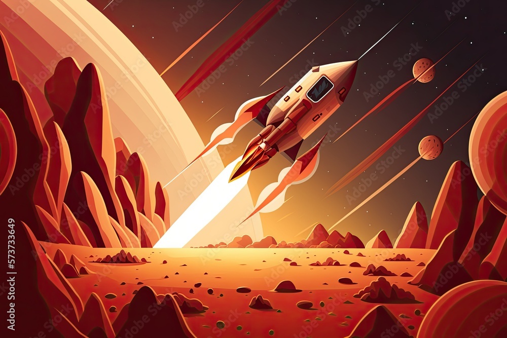 Poster scenery of mars, a rocket touching down on the red planet ( space illustration). generative ai