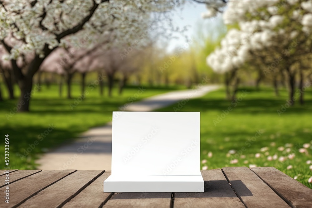 Poster template mock up for product display; an empty wooden table in sakura flower park against a garden b