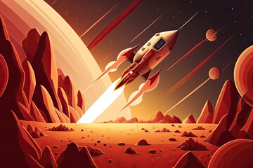 scenery of Mars, a rocket touching down on the red planet ( space illustration). Generative AI