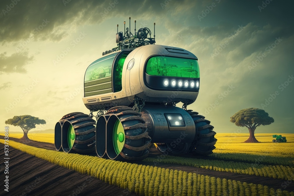 Poster field labor being done by an autonomous tractor. intelligent farming system. generative ai