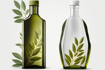 Bottle mockup for olive oil. On a white background with green olives and new green olive tree leaves is a clear glass bottle filled with olive oil. White room for copying. Generative AI