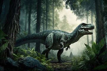 Fototapeta premium Prehistoric reptile living amongst the trees. The background of a primeval woodland and a massive dinosaur. Generative AI