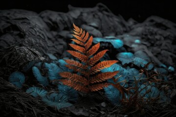 Autumn fern in the Polish mountains, bathed in moody lighting and surrounded by fallen leaves. Generative AI