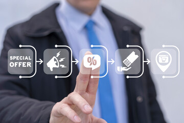 Obraz premium Businessman working on virtual touchscreen of future and sees abbreviation: SPECIAL OFFER. Discount sale concept. Special offer coupon promotion. Limited time special offer, hurry up.