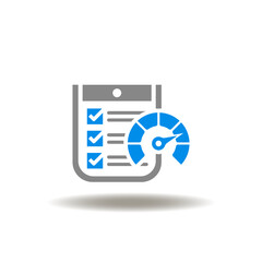 Fototapeta premium Vector illustration of check list and speedometer. Icon of KPI. Symbol of indicators measure and achieve.