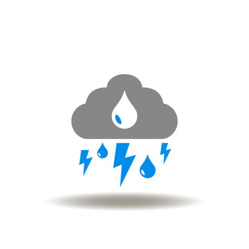 Vector illustration of cloud with lightnings and rain drops. Icon of mental health. Symbol of depression, stress. Sign of rain weather forecasting.