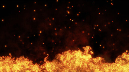 Fototapeta premium 3D illustration. Burning embers glowing. Fire Glowing Particles on Black Background