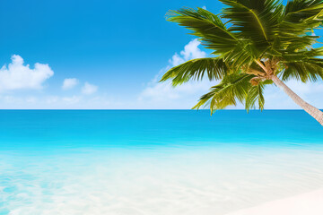 Plakat Tropical island view with white sand beach, palm trees and cristal clear sea water