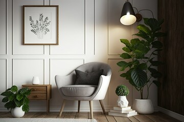 modern room with armchair,lamp and plant in wood pot interior design. Generative AI