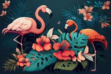 Flamingos and other tropical flowers on a blue background. Generative AI