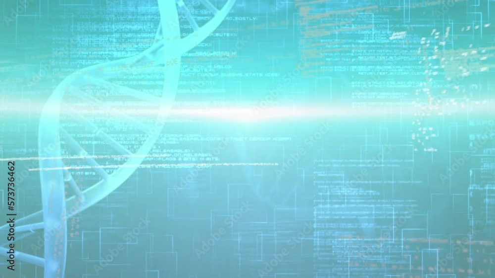 Aufkleber animation of glowing light trail over spinning dna structure and data processing on blue background