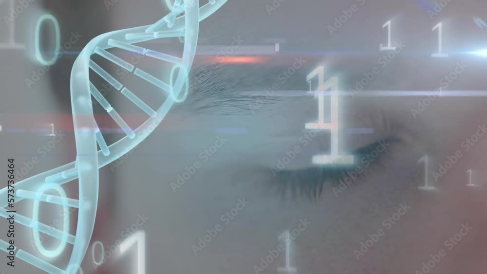 Wall mural animation of blue light spot, spinning dna structure and binary coding over close up of a male eye