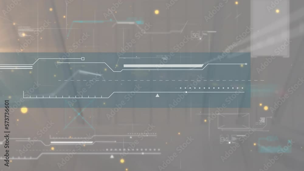 Poster animation of yellow spots floating over interface with data processing against grey background