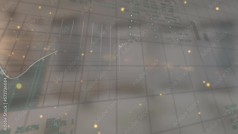 Poster animation of yellow spots floating over statistical data processing against grey background