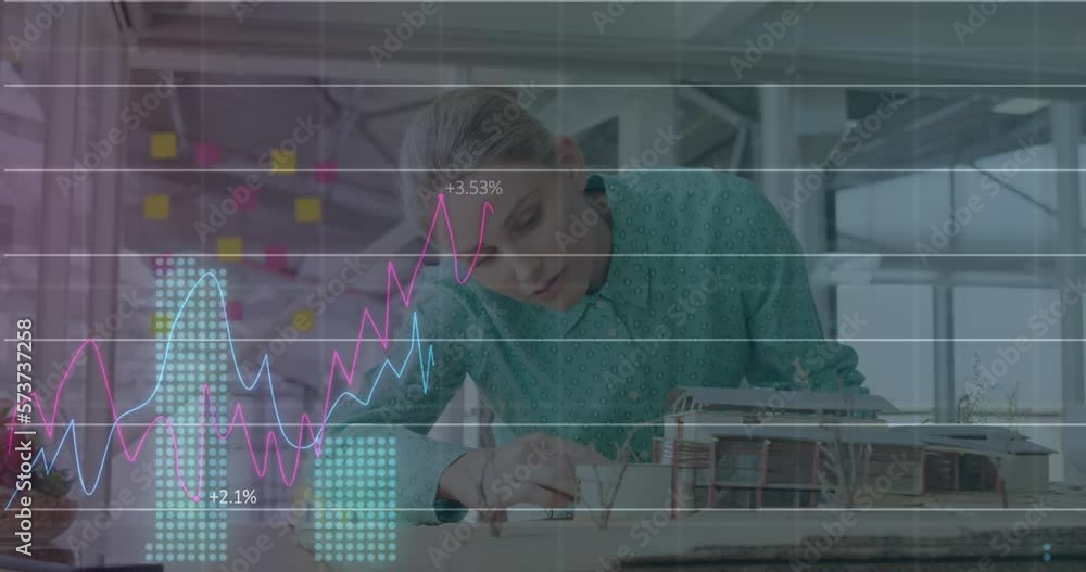 Aufkleber animation of statistical data processing over caucasian female architect working on her model